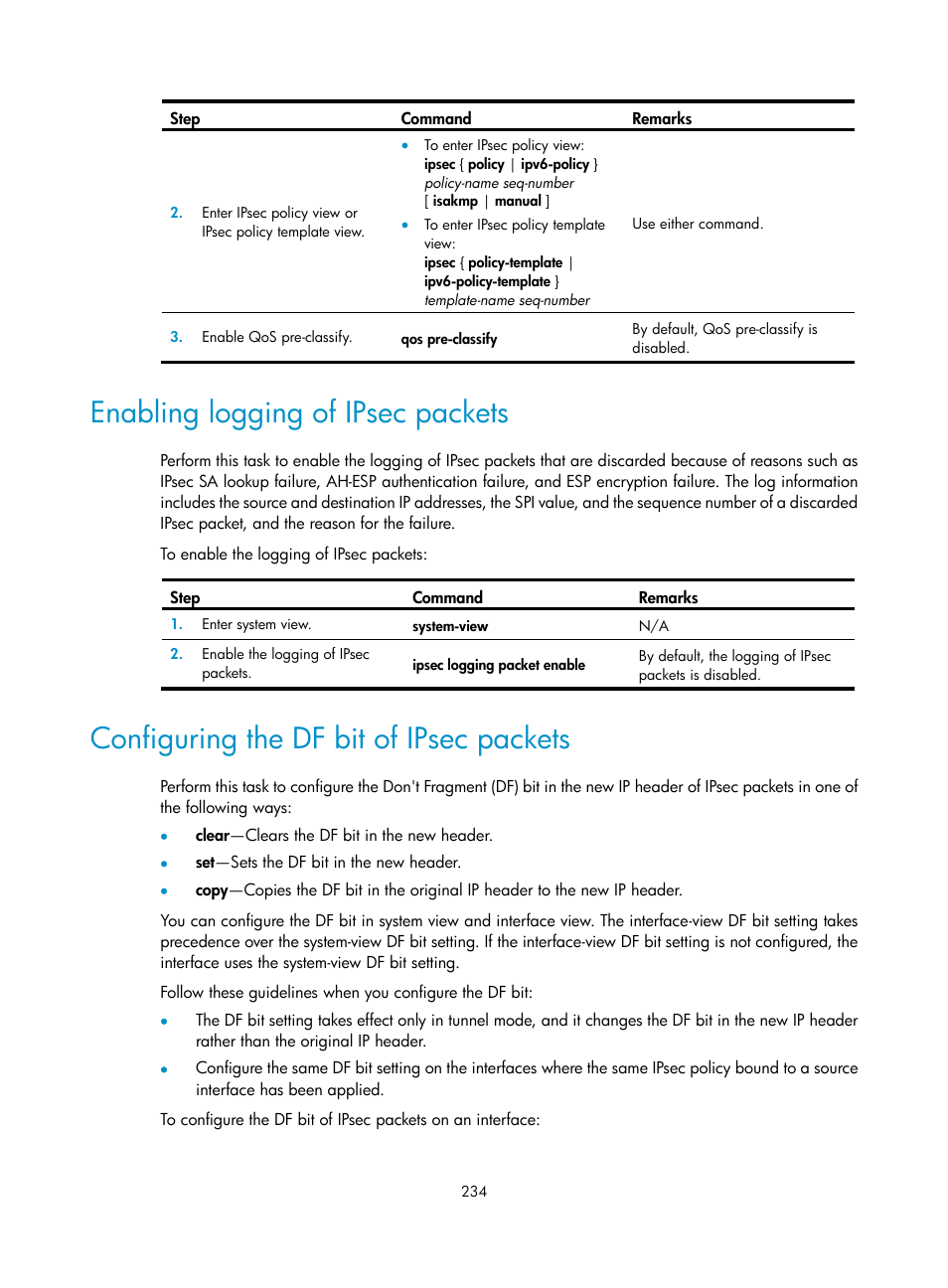 Enabling logging of ipsec packets, Configuring the df bit of ipsec packets | H3C Technologies H3C S6300 Series Switches User Manual | Page 249 / 413