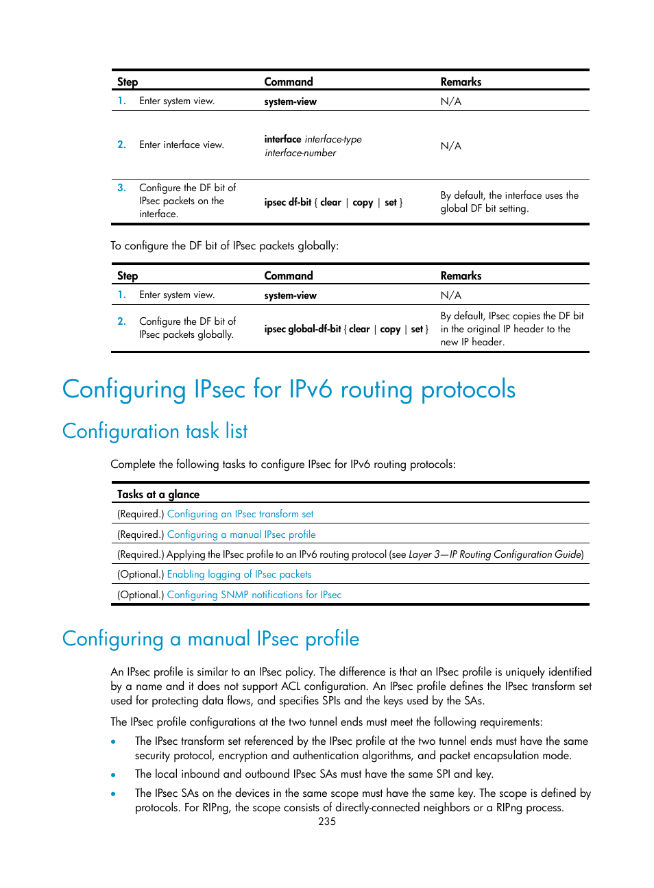 Configuring ipsec for ipv6 routing protocols, Configuration task list, Configuring a manual ipsec profile | H3C Technologies H3C S6300 Series Switches User Manual | Page 250 / 413