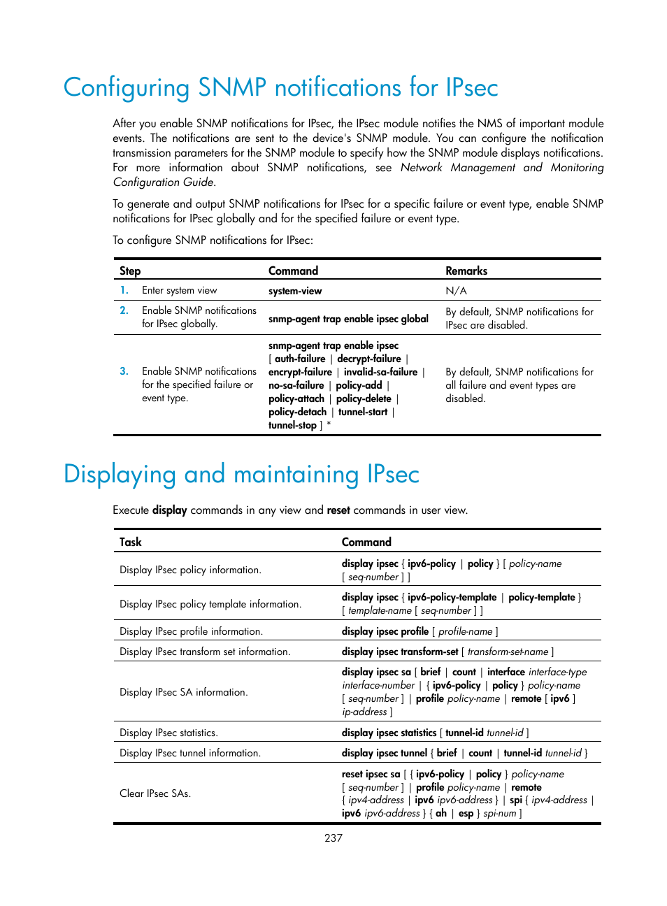 Configuring snmp notifications for ipsec, Displaying and maintaining ipsec | H3C Technologies H3C S6300 Series Switches User Manual | Page 252 / 413