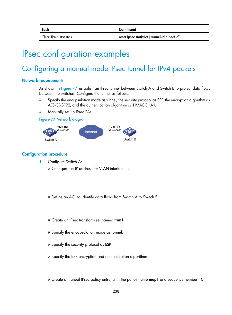 Ipsec configuration examples, Network requirements, Configuration procedure | H3C Technologies H3C S6300 Series Switches User Manual | Page 253 / 413