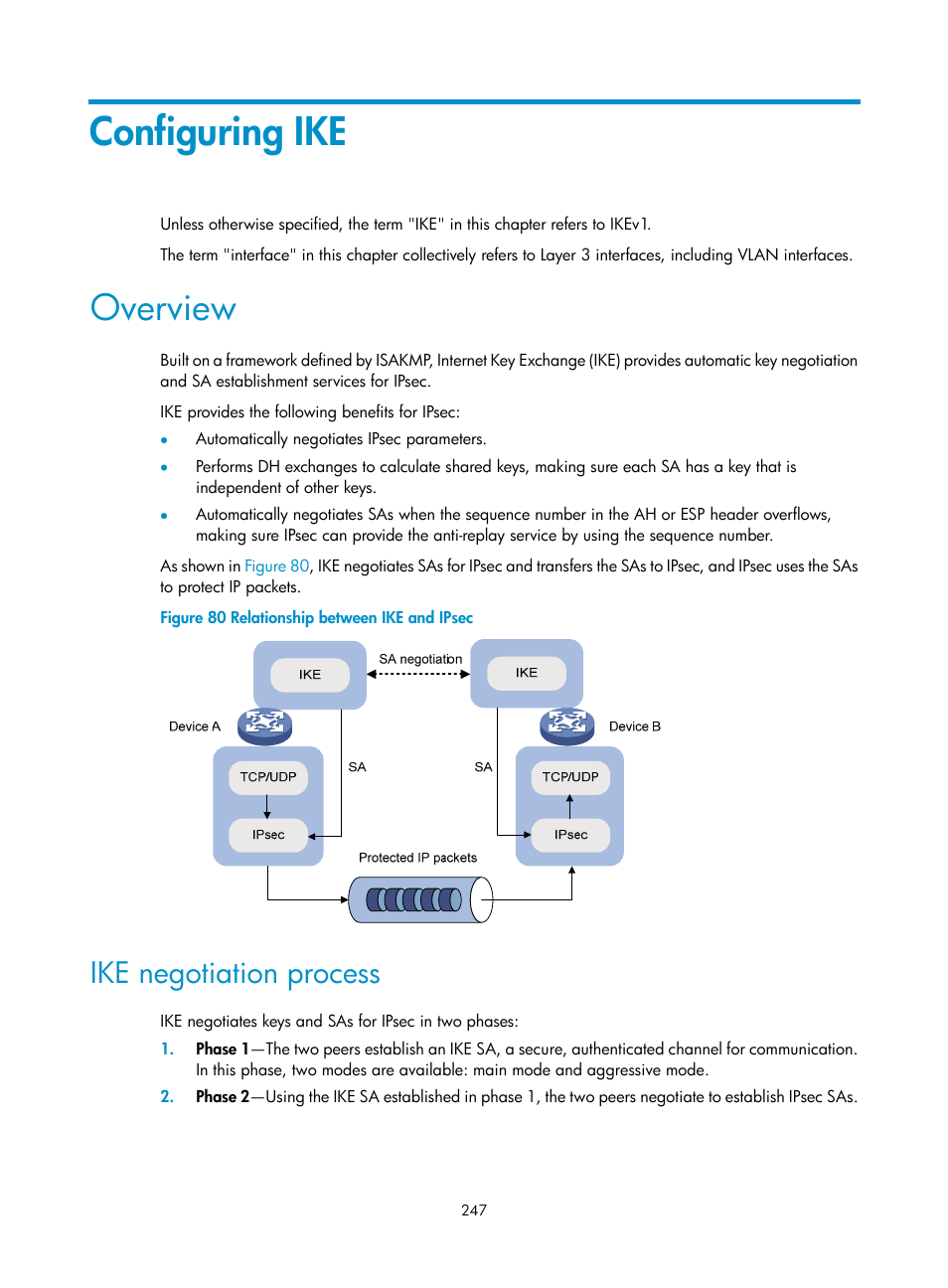 Configuring ike, Overview, Ike negotiation process | H3C Technologies H3C S6300 Series Switches User Manual | Page 262 / 413