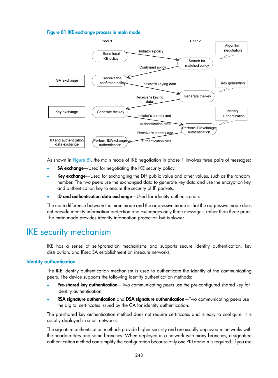 Ike security mechanism, Identity authentication | H3C Technologies H3C S6300 Series Switches User Manual | Page 263 / 413