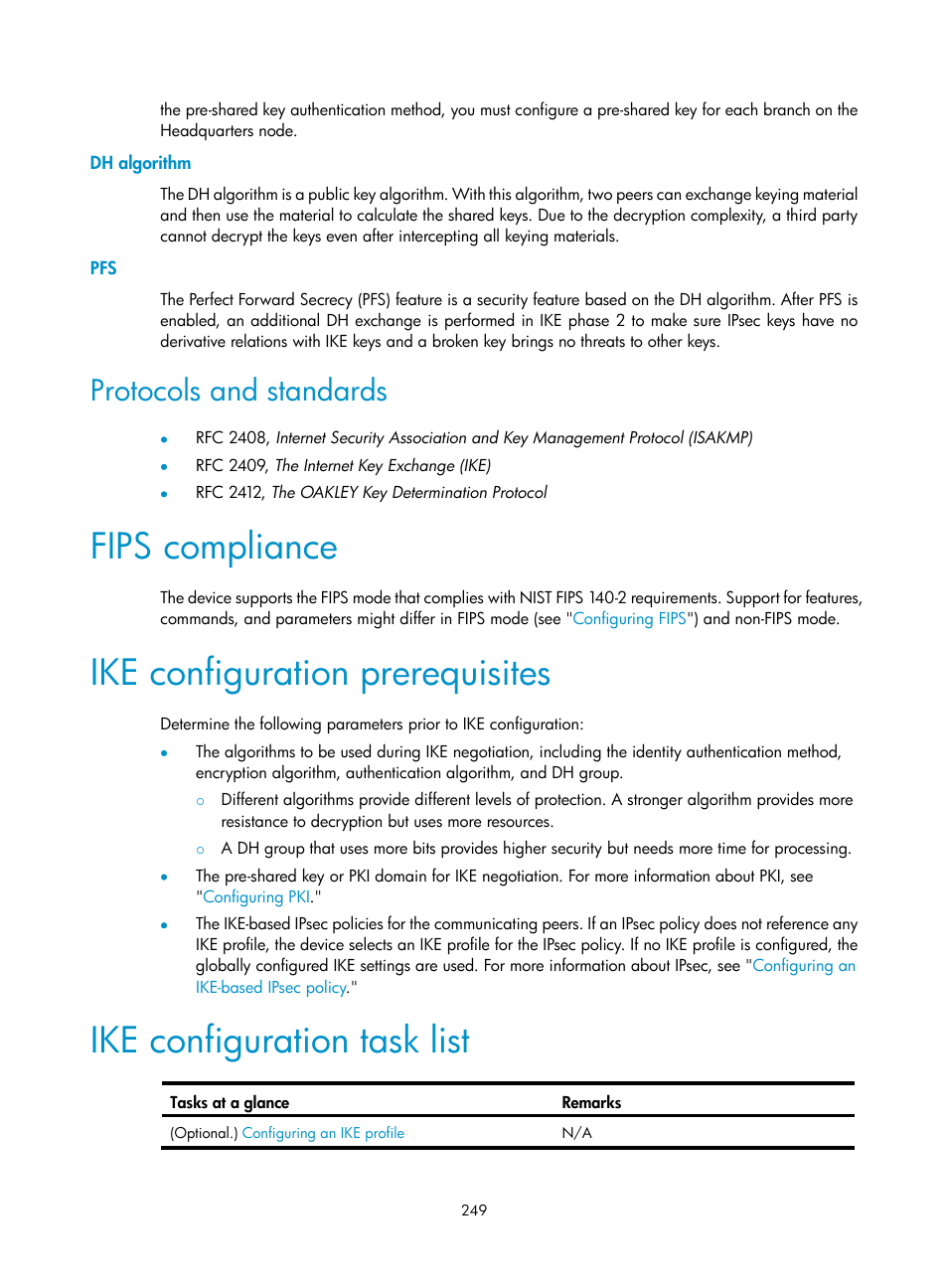 Dh algorithm, Protocols and standards, Fips compliance | Ike configuration prerequisites, Ike configuration task list | H3C Technologies H3C S6300 Series Switches User Manual | Page 264 / 413