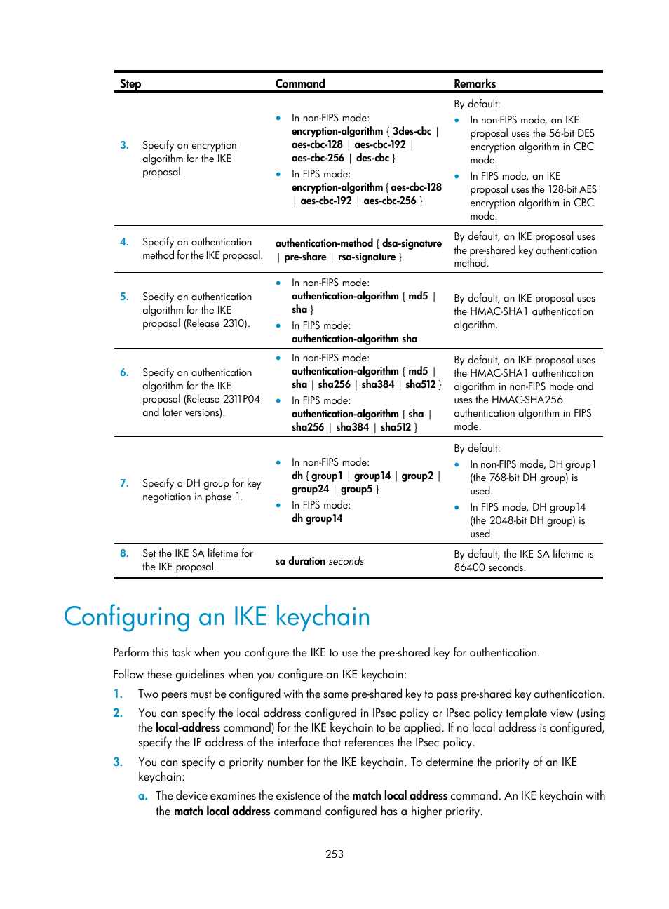 Configuring an ike keychain | H3C Technologies H3C S6300 Series Switches User Manual | Page 268 / 413