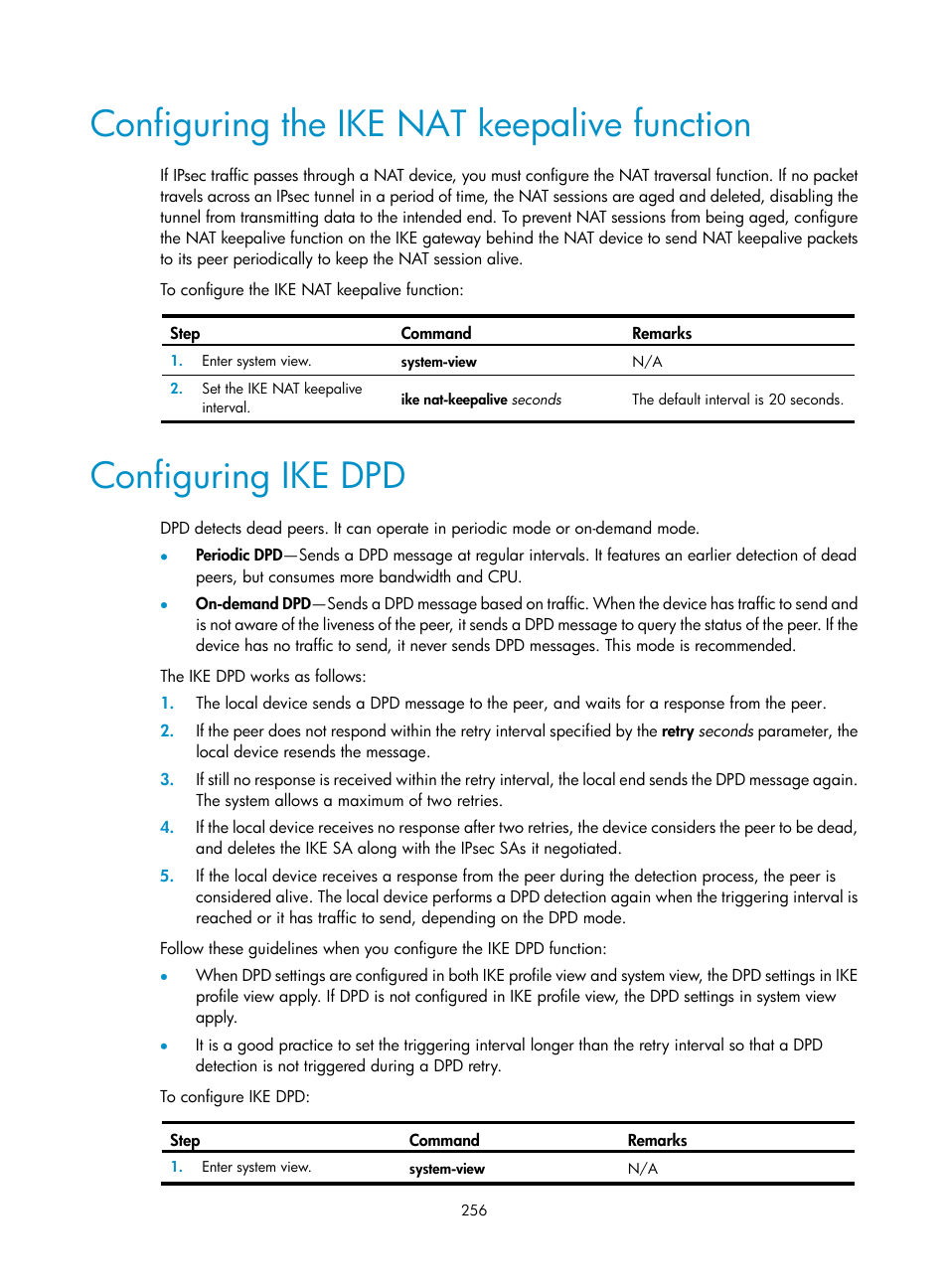 Configuring the ike nat keepalive function, Configuring ike dpd | H3C Technologies H3C S6300 Series Switches User Manual | Page 271 / 413