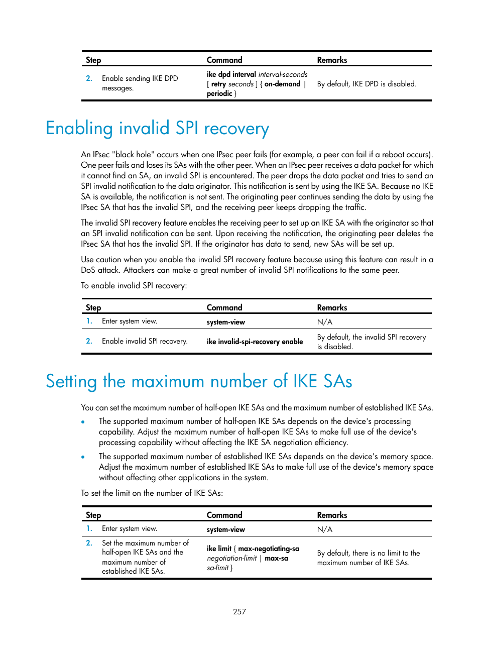 Enabling invalid spi recovery, Setting the maximum number of ike sas | H3C Technologies H3C S6300 Series Switches User Manual | Page 272 / 413