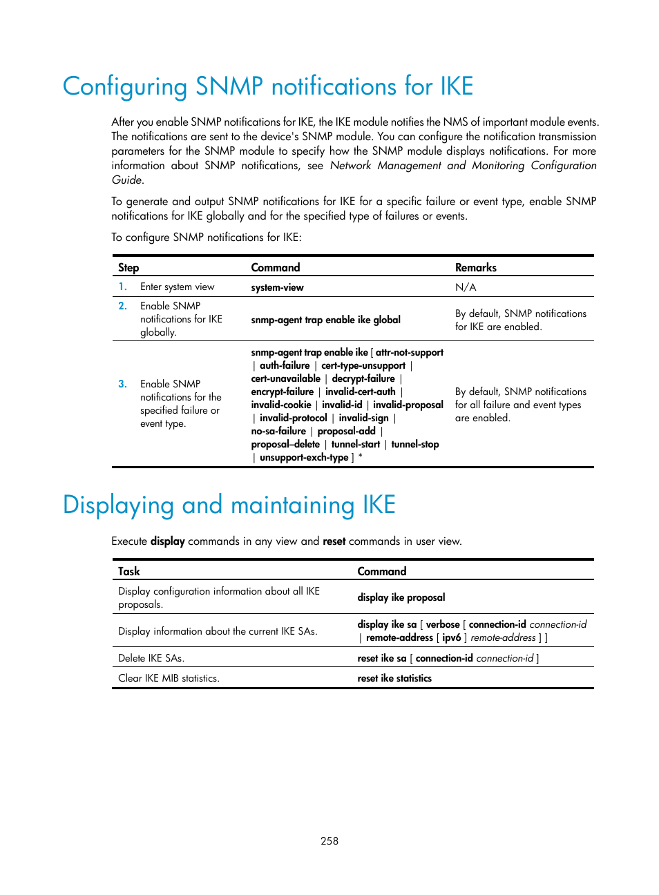 Configuring snmp notifications for ike, Displaying and maintaining ike | H3C Technologies H3C S6300 Series Switches User Manual | Page 273 / 413