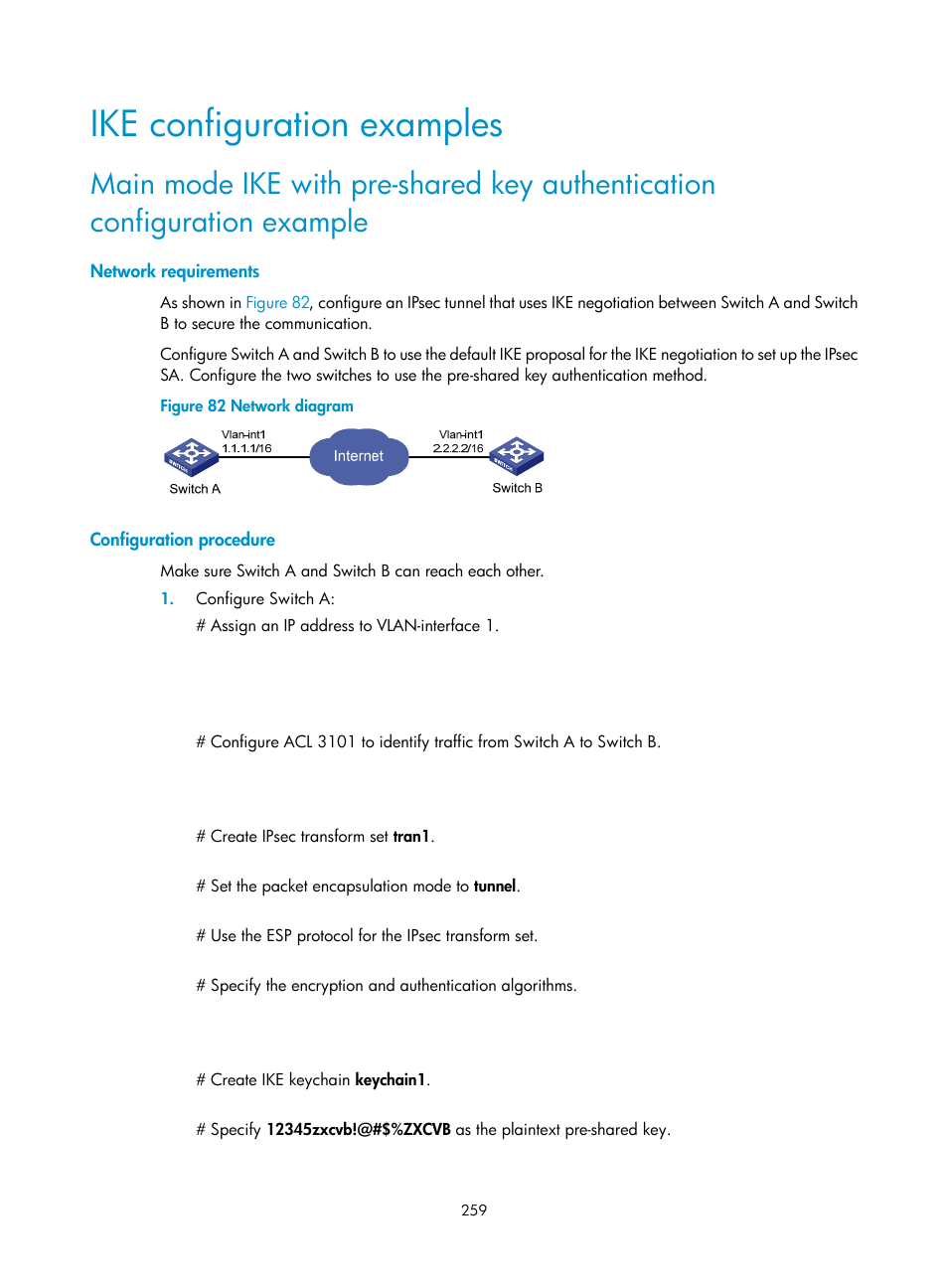 Ike configuration examples, Network requirements, Configuration procedure | H3C Technologies H3C S6300 Series Switches User Manual | Page 274 / 413