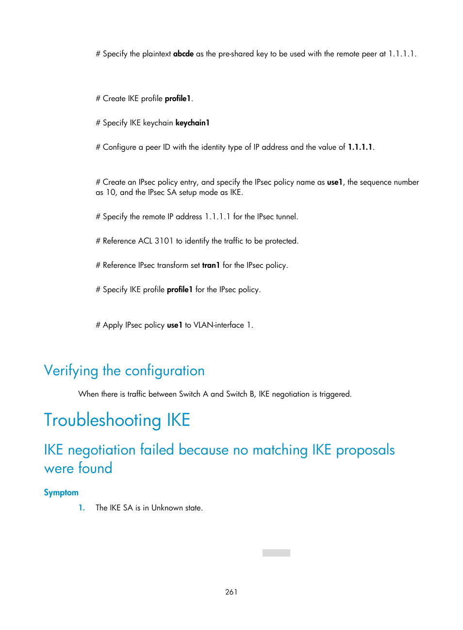 Verifying the configuration, Troubleshooting ike, Symptom | H3C Technologies H3C S6300 Series Switches User Manual | Page 276 / 413