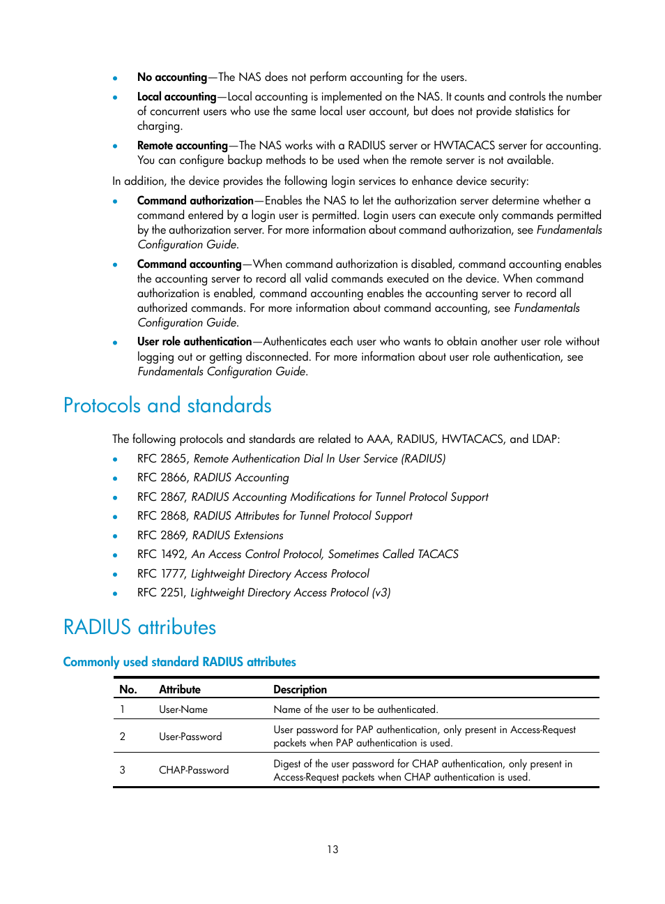 Protocols and standards, Radius attributes, Commonly used standard radius attributes | H3C Technologies H3C S6300 Series Switches User Manual | Page 28 / 413