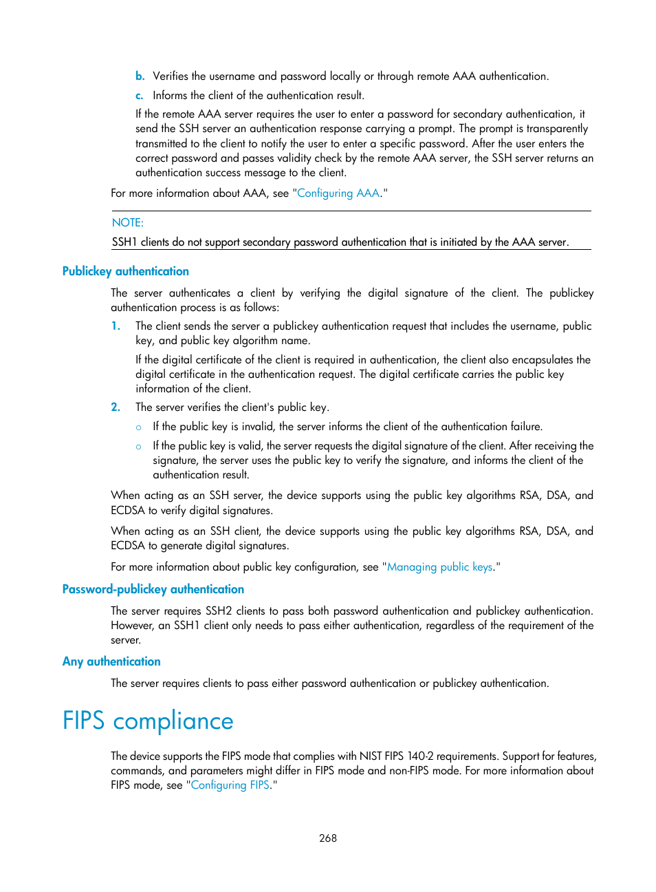 Publickey authentication, Password-publickey authentication, Any authentication | Fips compliance | H3C Technologies H3C S6300 Series Switches User Manual | Page 283 / 413