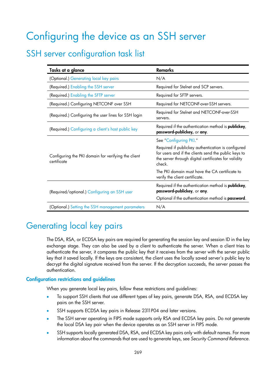 Configuring the device as an ssh server, Ssh server configuration task list, Generating local key pairs | Configuration restrictions and guidelines | H3C Technologies H3C S6300 Series Switches User Manual | Page 284 / 413