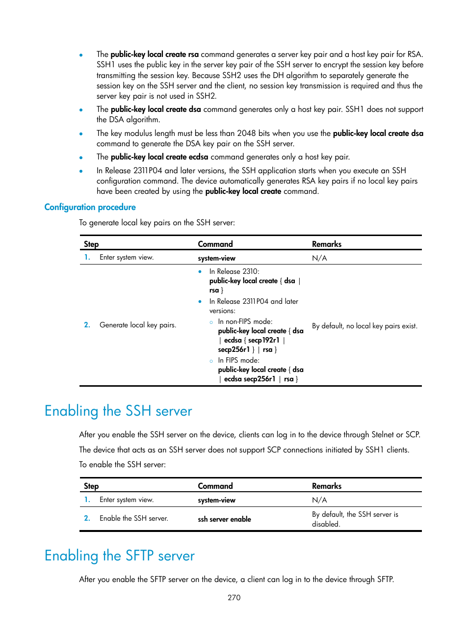 Configuration procedure, Enabling the ssh server, Enabling the sftp server | Required.) | H3C Technologies H3C S6300 Series Switches User Manual | Page 285 / 413