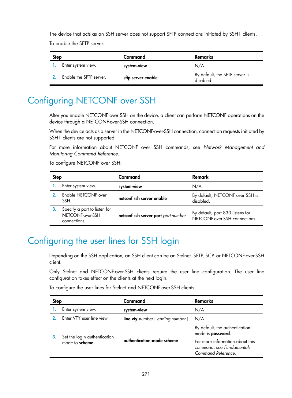 Configuring netconf over ssh, Configuring the user lines for ssh login, Required.) configuring netconf over ssh | H3C Technologies H3C S6300 Series Switches User Manual | Page 286 / 413