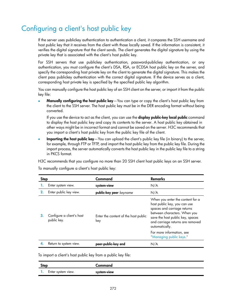 Configuring a client's host public key, Required.) | H3C Technologies H3C S6300 Series Switches User Manual | Page 287 / 413