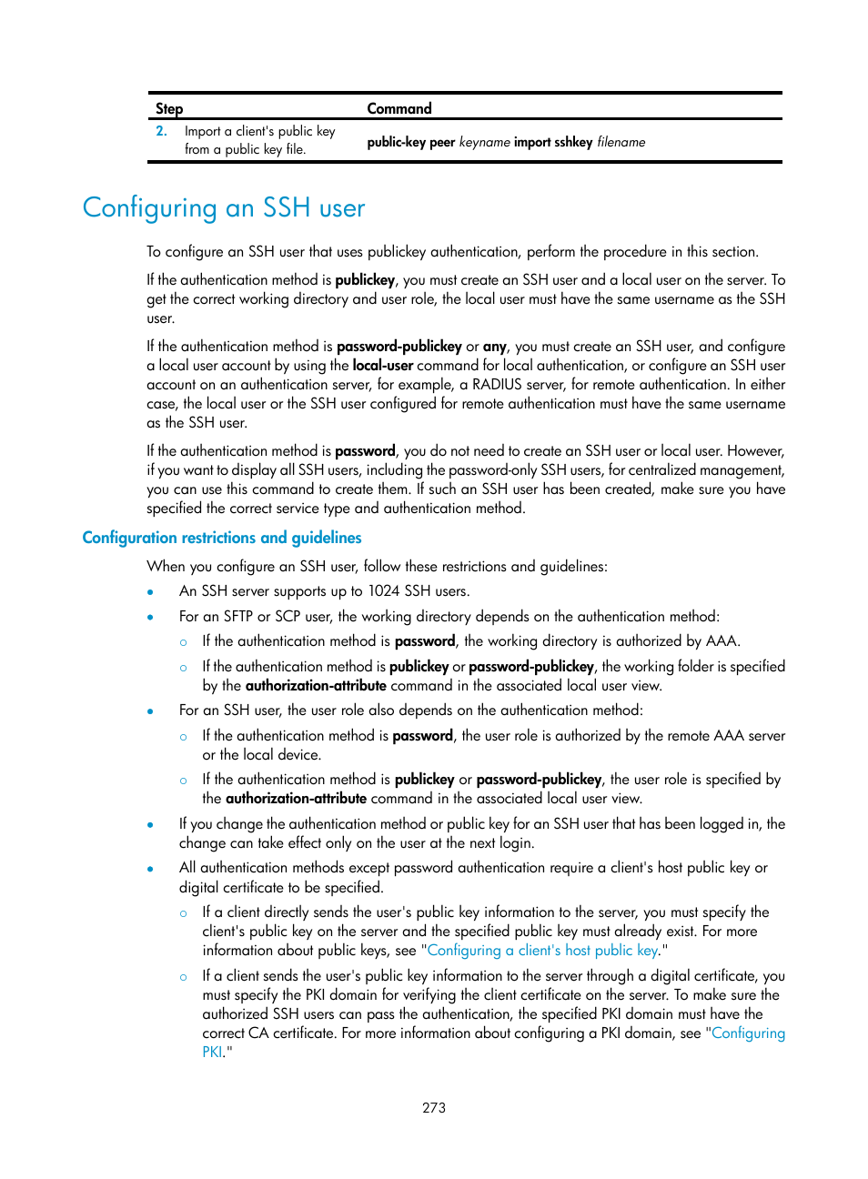 Configuring an ssh user, Configuration restrictions and guidelines, Required/optional.) | H3C Technologies H3C S6300 Series Switches User Manual | Page 288 / 413