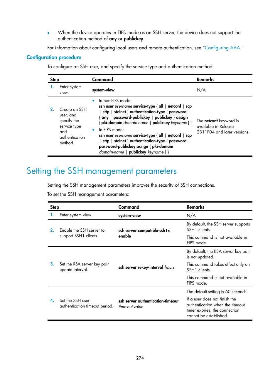 Configuration procedure, Setting the ssh management parameters | H3C Technologies H3C S6300 Series Switches User Manual | Page 289 / 413