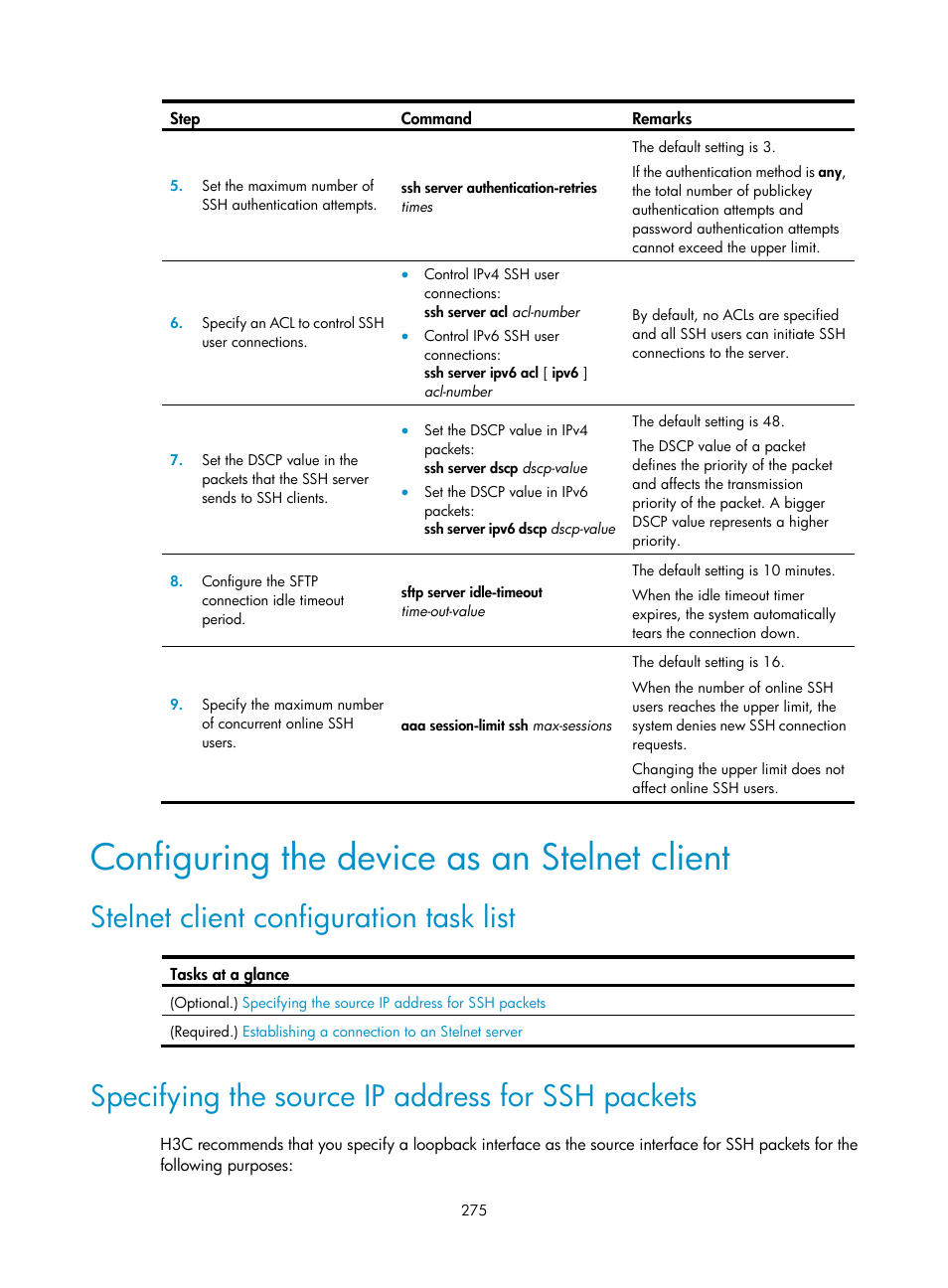 Configuring the device as an stelnet client, Stelnet client configuration task list, Specifying the source ip address for ssh packets | H3C Technologies H3C S6300 Series Switches User Manual | Page 290 / 413