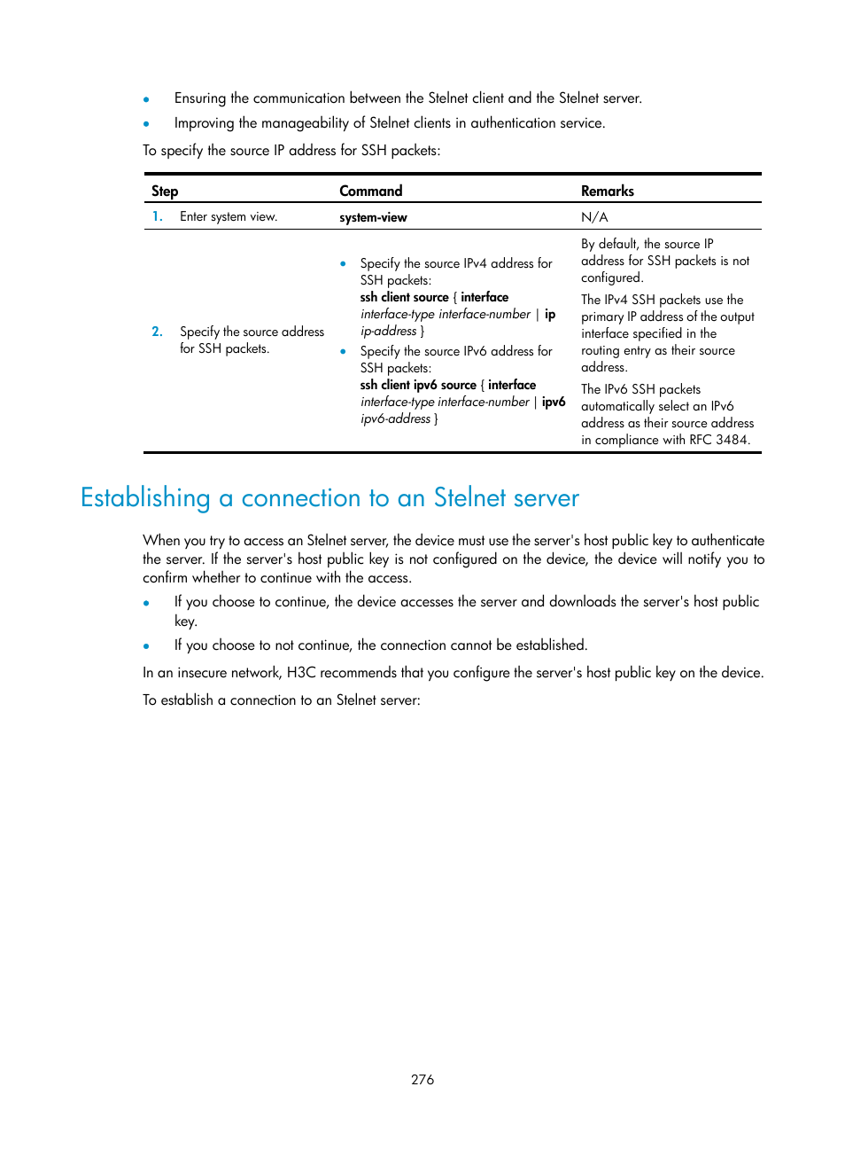 Establishing a connection to an stelnet server | H3C Technologies H3C S6300 Series Switches User Manual | Page 291 / 413