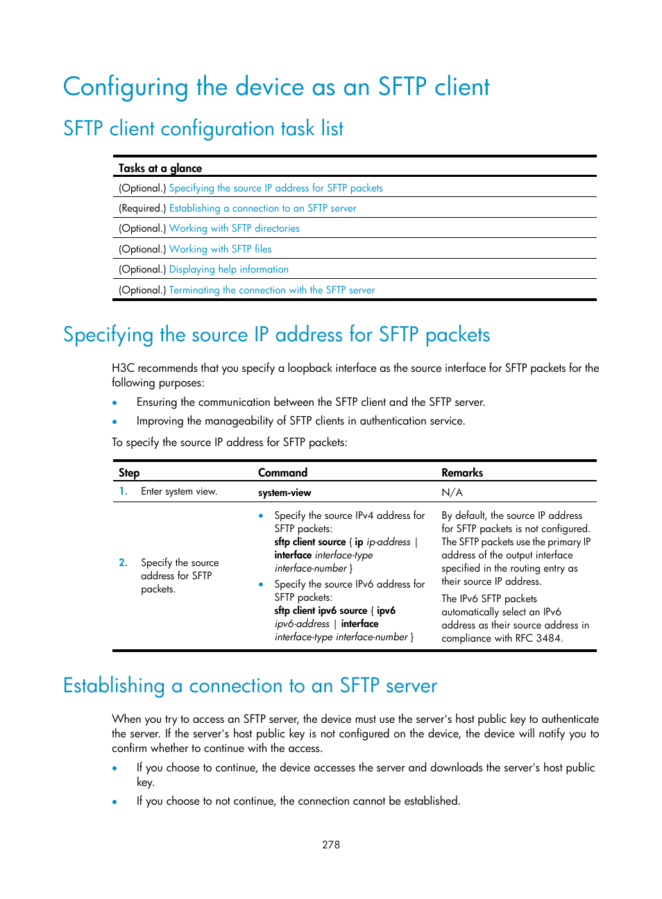 Configuring the device as an sftp client, Sftp client configuration task list, Specifying the source ip address for sftp packets | Establishing a connection to an sftp server | H3C Technologies H3C S6300 Series Switches User Manual | Page 293 / 413