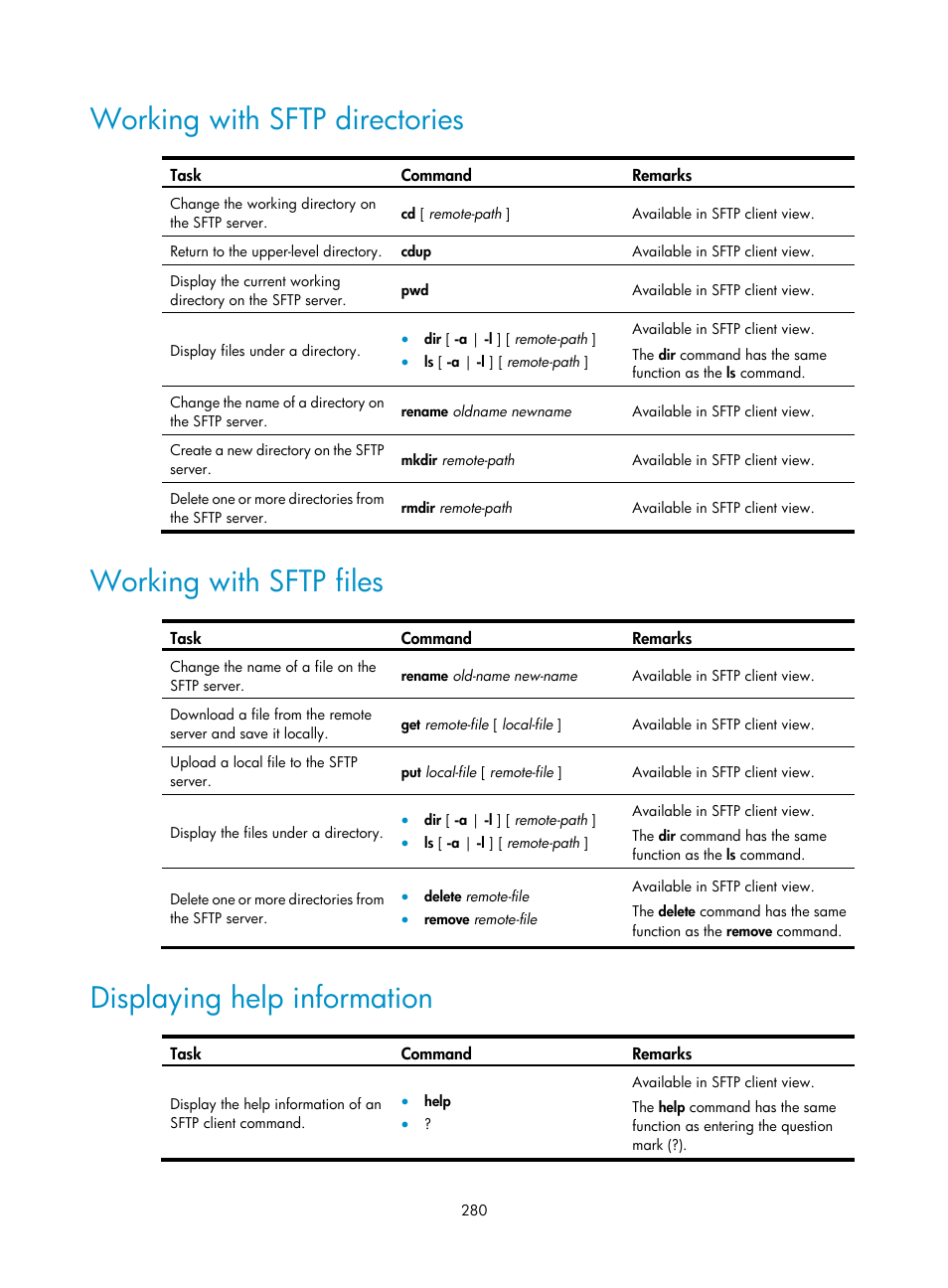 Working with sftp directories, Working with sftp files, Displaying help information | H3C Technologies H3C S6300 Series Switches User Manual | Page 295 / 413