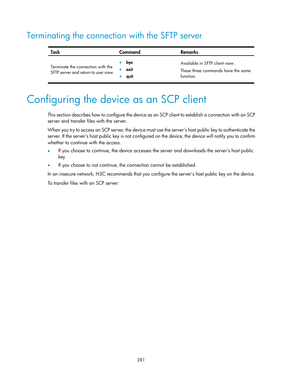 Terminating the connection with the sftp server, Configuring the device as an scp client | H3C Technologies H3C S6300 Series Switches User Manual | Page 296 / 413