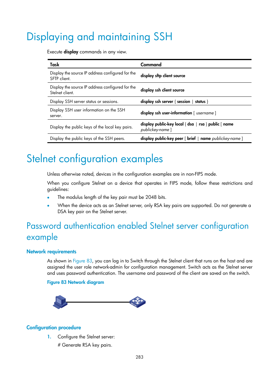 Displaying and maintaining ssh, Stelnet configuration examples, Network requirements | Configuration procedure | H3C Technologies H3C S6300 Series Switches User Manual | Page 298 / 413