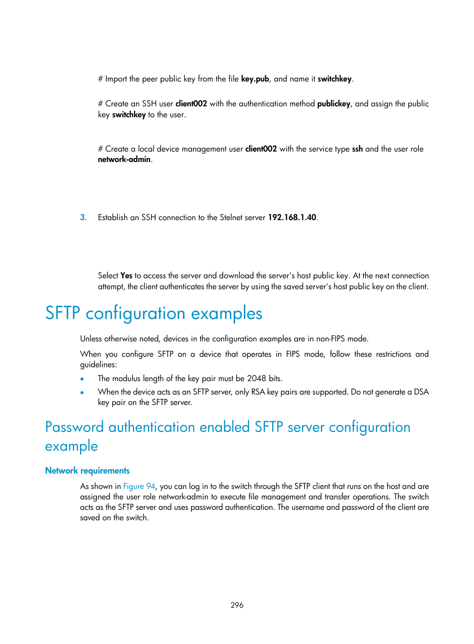 Sftp configuration examples, Network requirements | H3C Technologies H3C S6300 Series Switches User Manual | Page 311 / 413