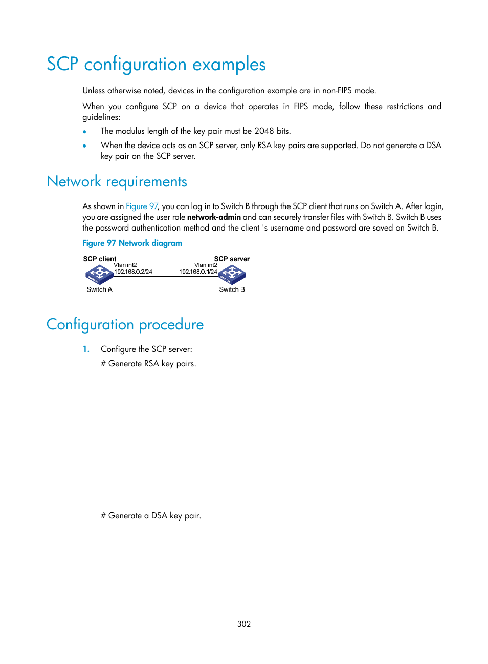 Scp configuration examples, Network requirements, Configuration procedure | H3C Technologies H3C S6300 Series Switches User Manual | Page 317 / 413