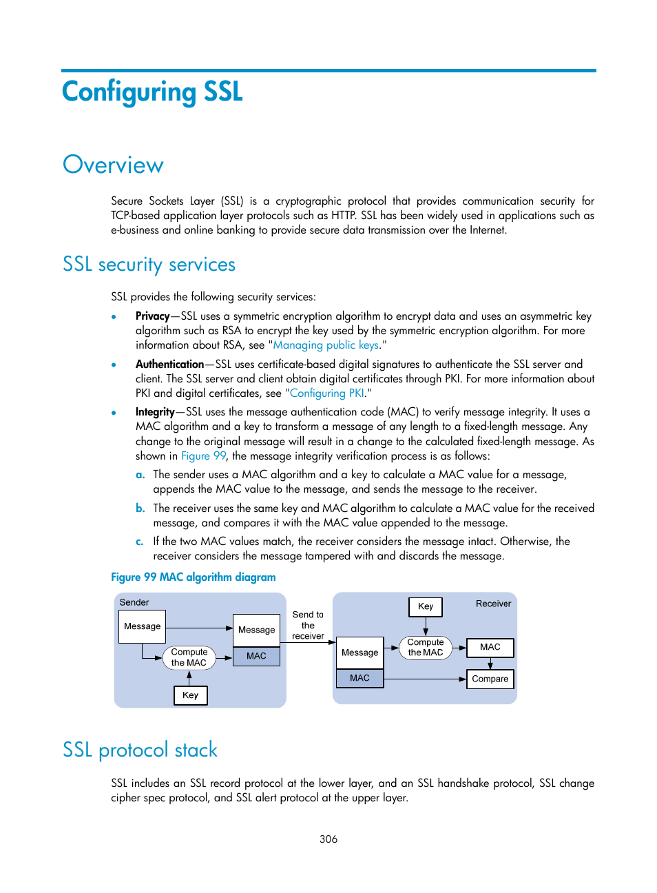 Configuring ssl, Overview, Ssl security services | Ssl protocol stack | H3C Technologies H3C S6300 Series Switches User Manual | Page 321 / 413