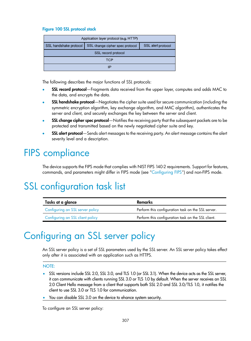 Fips compliance, Ssl configuration task list, Configuring an ssl server policy | H3C Technologies H3C S6300 Series Switches User Manual | Page 322 / 413