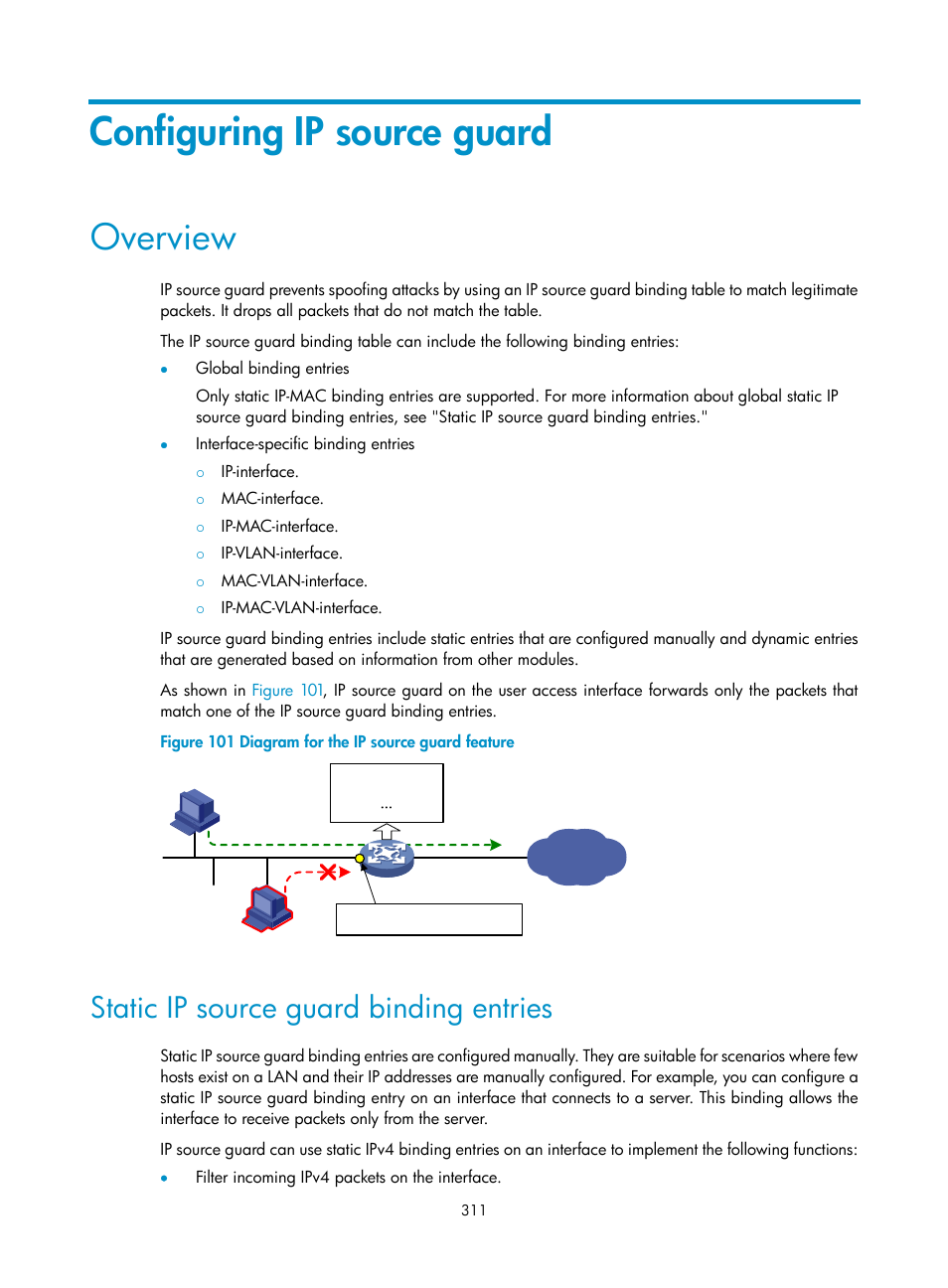 Configuring ip source guard, Overview, Static ip source guard binding entries | H3C Technologies H3C S6300 Series Switches User Manual | Page 326 / 413