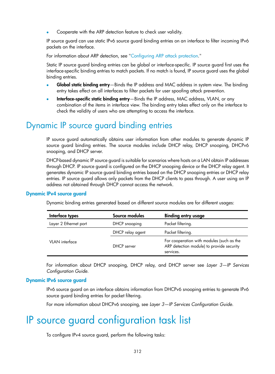 Dynamic ip source guard binding entries, Dynamic ipv4 source guard, Dynamic ipv6 source guard | Ip source guard configuration task list | H3C Technologies H3C S6300 Series Switches User Manual | Page 327 / 413