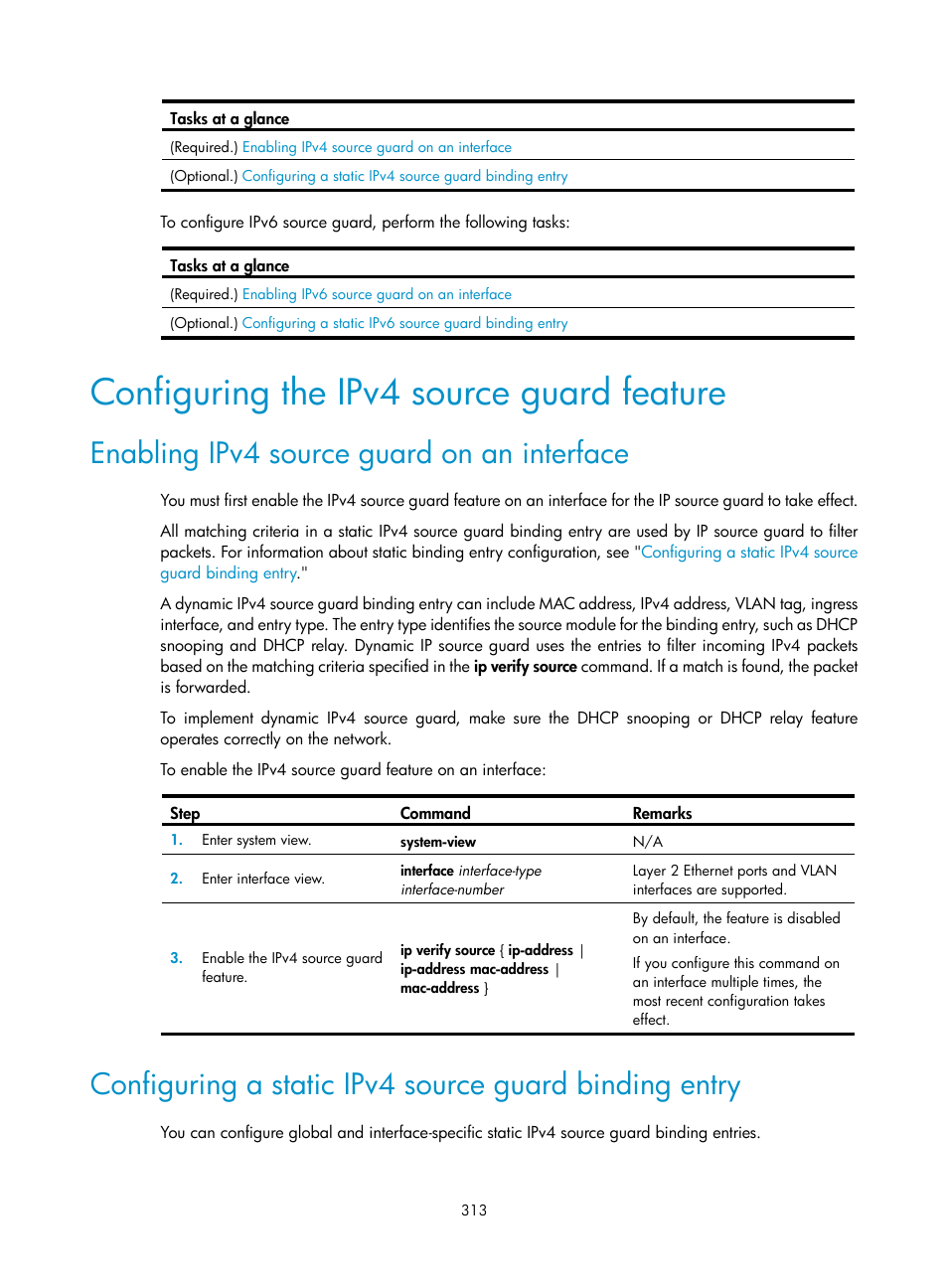 Configuring the ipv4 source guard feature, Enabling ipv4 source guard on an interface | H3C Technologies H3C S6300 Series Switches User Manual | Page 328 / 413