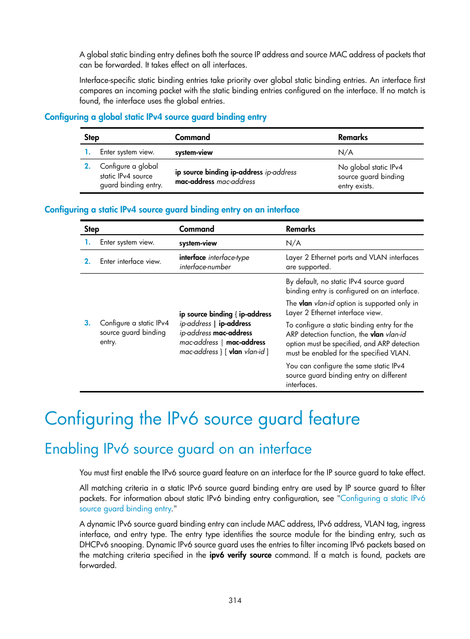 Configuring the ipv6 source guard feature, Enabling ipv6 source guard on an interface, Required.) | H3C Technologies H3C S6300 Series Switches User Manual | Page 329 / 413