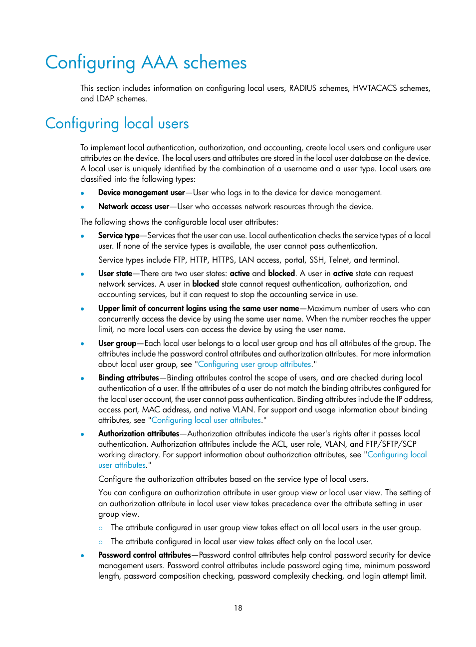 Configuring aaa schemes, Configuring local users | H3C Technologies H3C S6300 Series Switches User Manual | Page 33 / 413