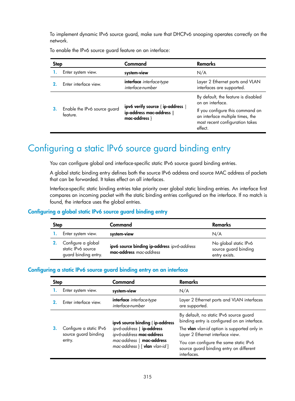 Configuring a static ipv6, Source guard binding entry | H3C Technologies H3C S6300 Series Switches User Manual | Page 330 / 413