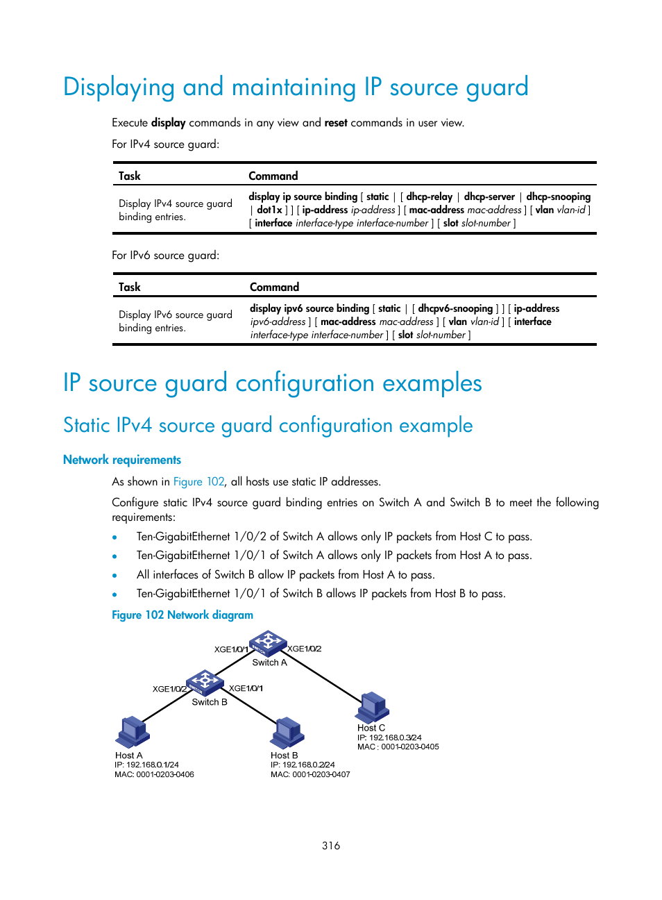 Displaying and maintaining ip source guard, Ip source guard configuration examples, Static ipv4 source guard configuration example | Network requirements | H3C Technologies H3C S6300 Series Switches User Manual | Page 331 / 413