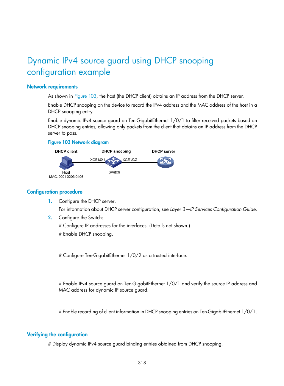 Network requirements, Configuration procedure, Verifying the configuration | H3C Technologies H3C S6300 Series Switches User Manual | Page 333 / 413