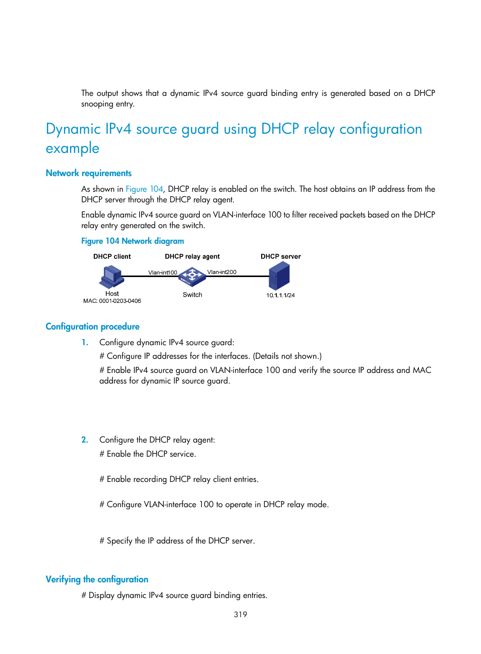 Network requirements, Configuration procedure, Verifying the configuration | H3C Technologies H3C S6300 Series Switches User Manual | Page 334 / 413