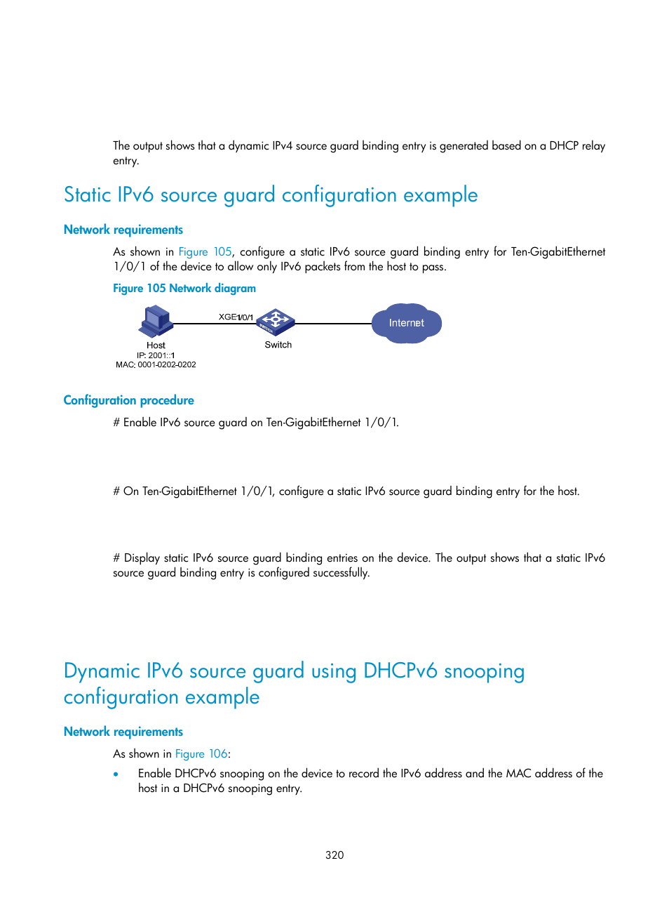 Static ipv6 source guard configuration example, Network requirements, Configuration procedure | H3C Technologies H3C S6300 Series Switches User Manual | Page 335 / 413