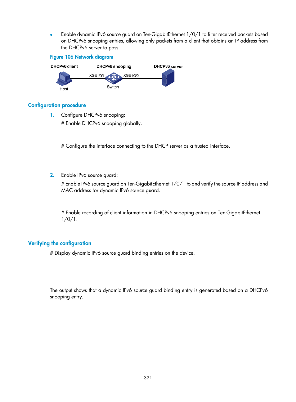 Configuration procedure, Verifying the configuration, N in | Figure 106 | H3C Technologies H3C S6300 Series Switches User Manual | Page 336 / 413