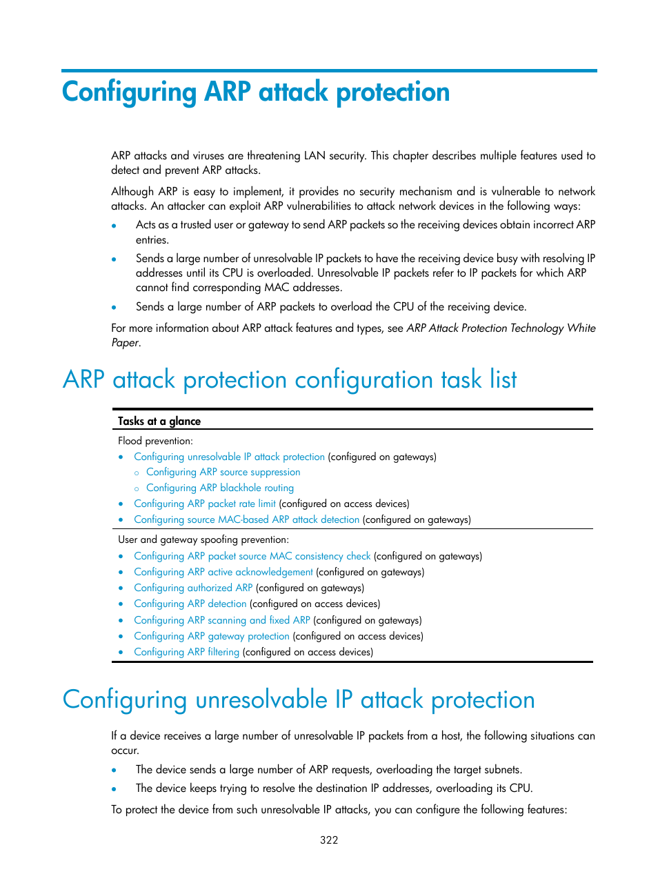 Configuring arp attack protection, Arp attack protection configuration task list, Configuring unresolvable ip attack protection | H3C Technologies H3C S6300 Series Switches User Manual | Page 337 / 413