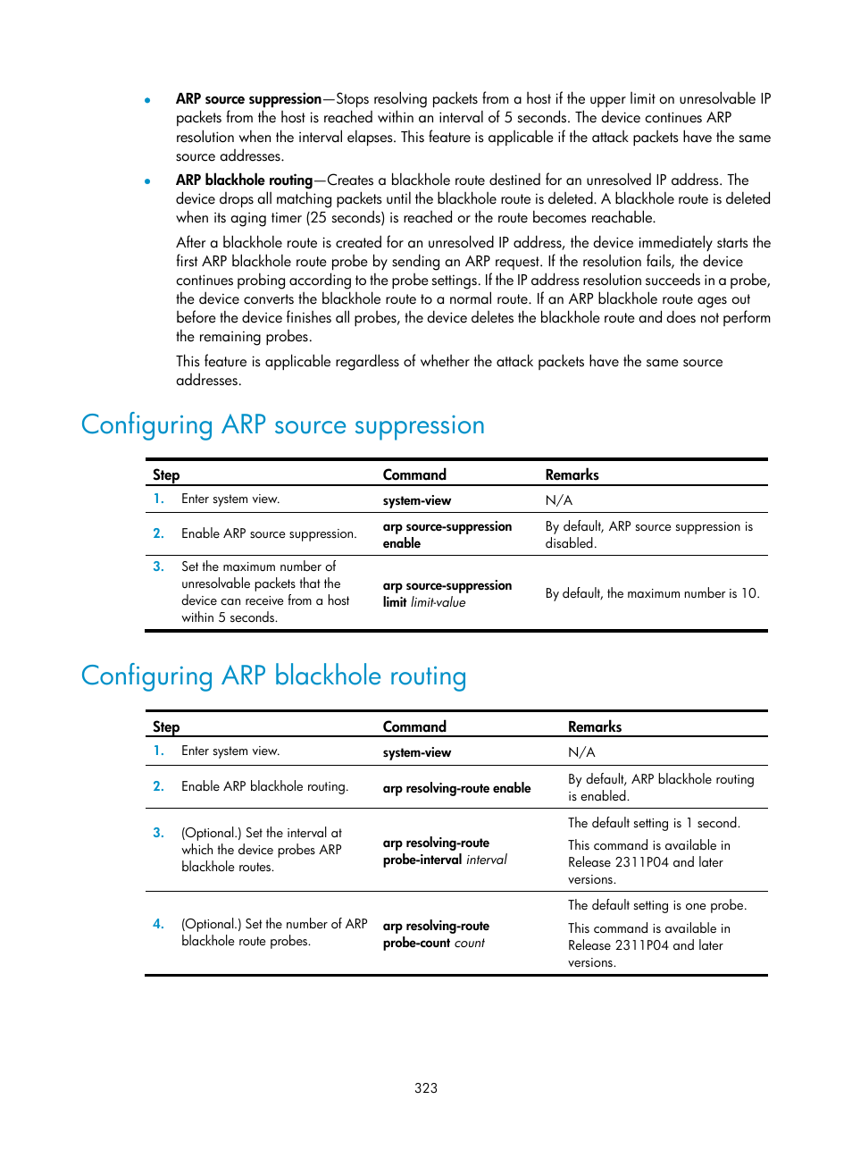 Configuring arp source suppression, Configuring arp blackhole routing | H3C Technologies H3C S6300 Series Switches User Manual | Page 338 / 413