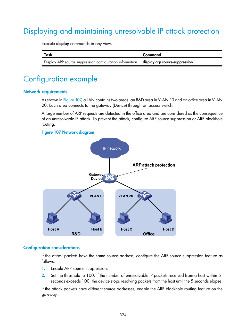 Configuration example, Network requirements, Configuration considerations | H3C Technologies H3C S6300 Series Switches User Manual | Page 339 / 413