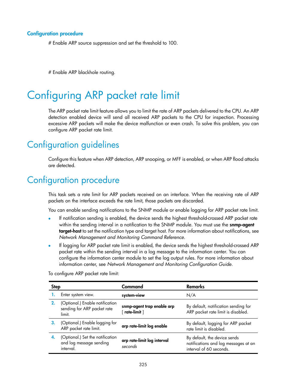 Configuration procedure, Configuring arp packet rate limit, Configuration guidelines | H3C Technologies H3C S6300 Series Switches User Manual | Page 340 / 413