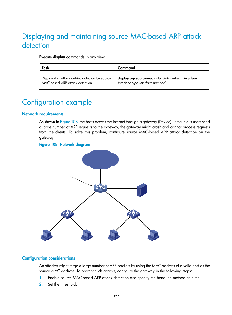 Configuration example, Network requirements, Configuration considerations | H3C Technologies H3C S6300 Series Switches User Manual | Page 342 / 413