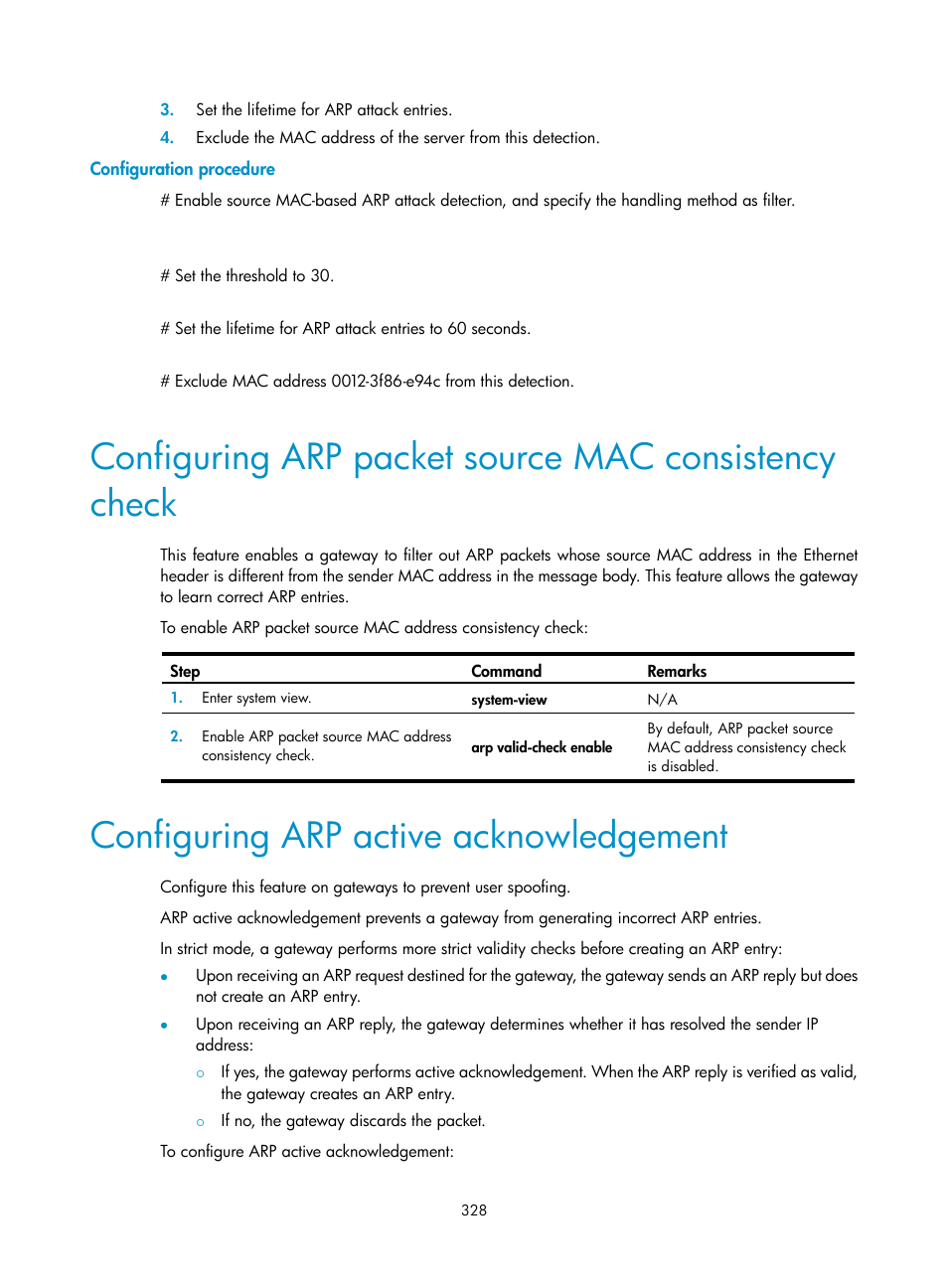 Configuration procedure, Configuring arp active acknowledgement | H3C Technologies H3C S6300 Series Switches User Manual | Page 343 / 413