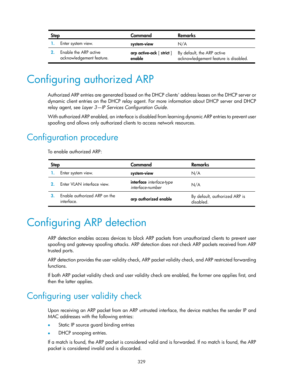 Configuring authorized arp, Configuration procedure, Configuring arp detection | Configuring user validity check | H3C Technologies H3C S6300 Series Switches User Manual | Page 344 / 413