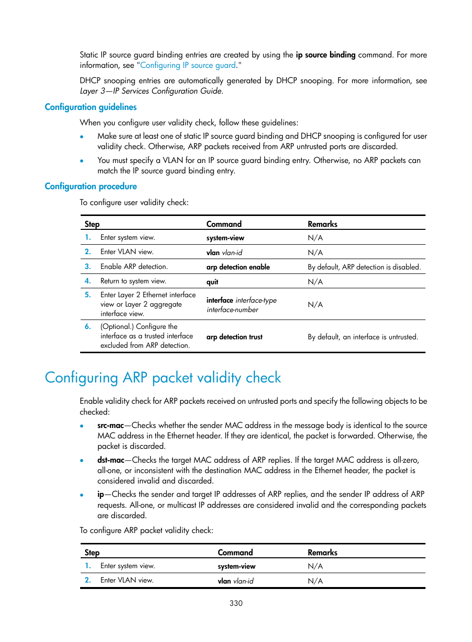 Configuration guidelines, Configuration procedure, Configuring arp packet validity check | H3C Technologies H3C S6300 Series Switches User Manual | Page 345 / 413